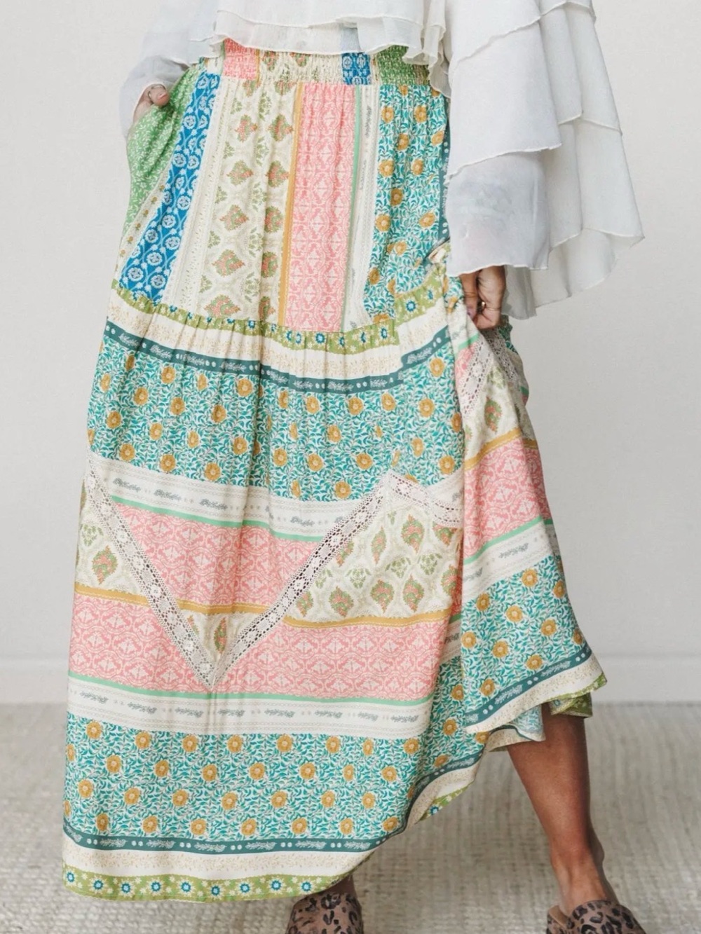 Three Bird Nest / mittoshop - Boho Floral Patchwork Maxi Skirt